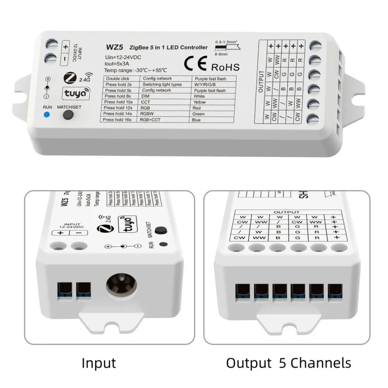 Tuya Zigbee WZ5 LED Controller DC12V 24V Dimmer for RGBCCT RGB RGBW Strip Wall Mounted Touch Panel TW5 Wireless Remote RT5 RT10