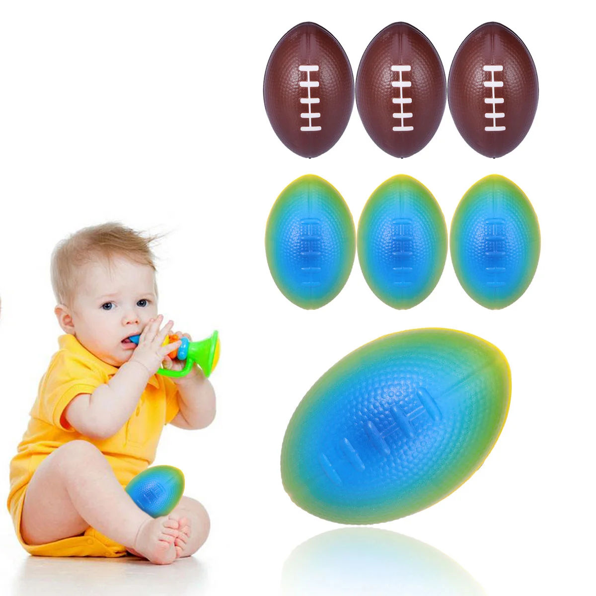 6pcs 9cm Sponge Bouncy Rugby Elastic Colorful PU Jumping Balls Toy for Children Kids (Coffee + Rainbow Color Each )