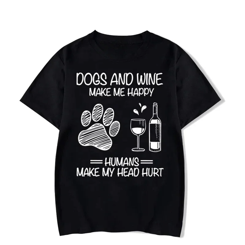 Hip Hop Men Brand T-shirt Trend Oversize Tee Shirt Dogs and Wine Make Me Happy Graphic Funny Paw  Harajuku Round Neck  Collar