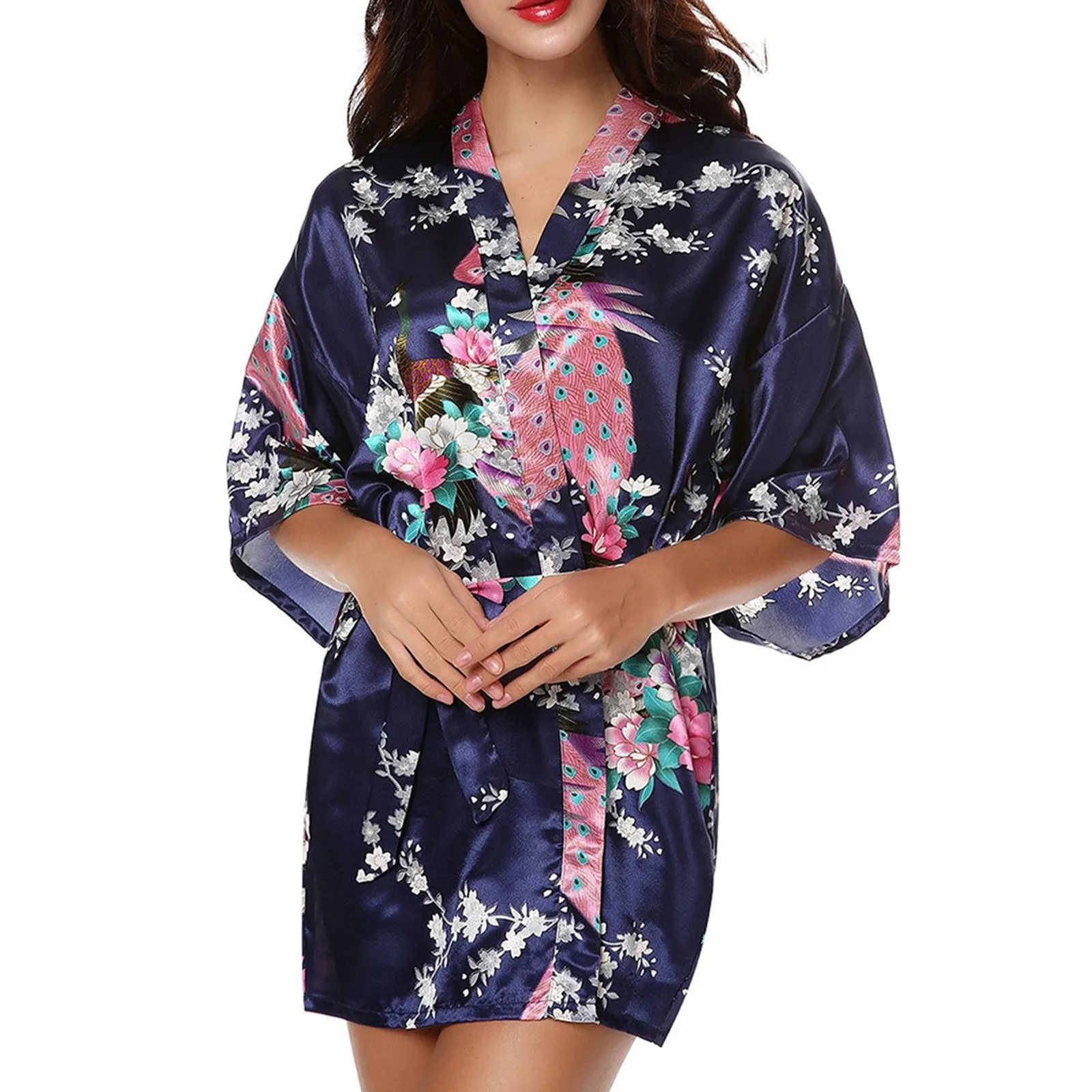 Ladies’ Simulation Silk Printing Traditional Classic Robe Fashion Gown Bath Robe Bird And tree Print Comfortable Sleepwear