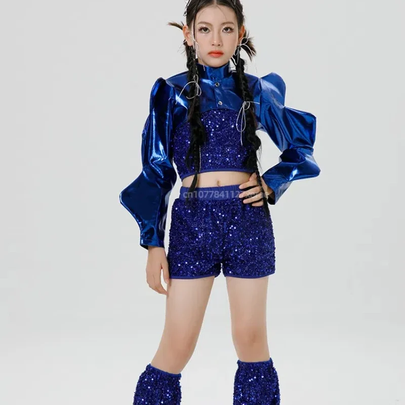 الفتيات أزياء الترتر شارع الرقص مجموعة الفتيات المدرج مرحلة الأداء الأزرق دعوى الأطفال رقص الجاز الترتر زي محب