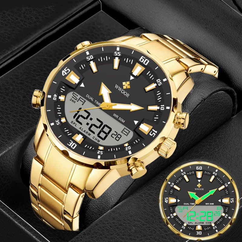 2023 Fashion Wwoor Top Brand Luxury Gold Men Quartz Steel Waterproof Led Digital Dual Display Military Watches Relogio Masculino