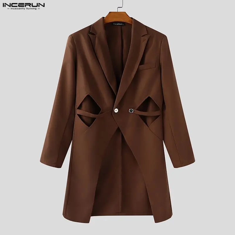 

INCERUN мужской нерегулярный пиджак однотонный с лацканами с длинным рукавом ажурный мужской костюм уличная одежда на пуговицах модный длинный стильный пиджак мужской