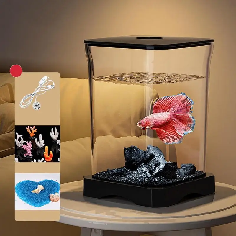 Betta Aquarium Tank 4K HD Desk Fish Tank Fish Bowl Small Aquarium Ornamental Aquarium Starter with LED Light for Home Offices