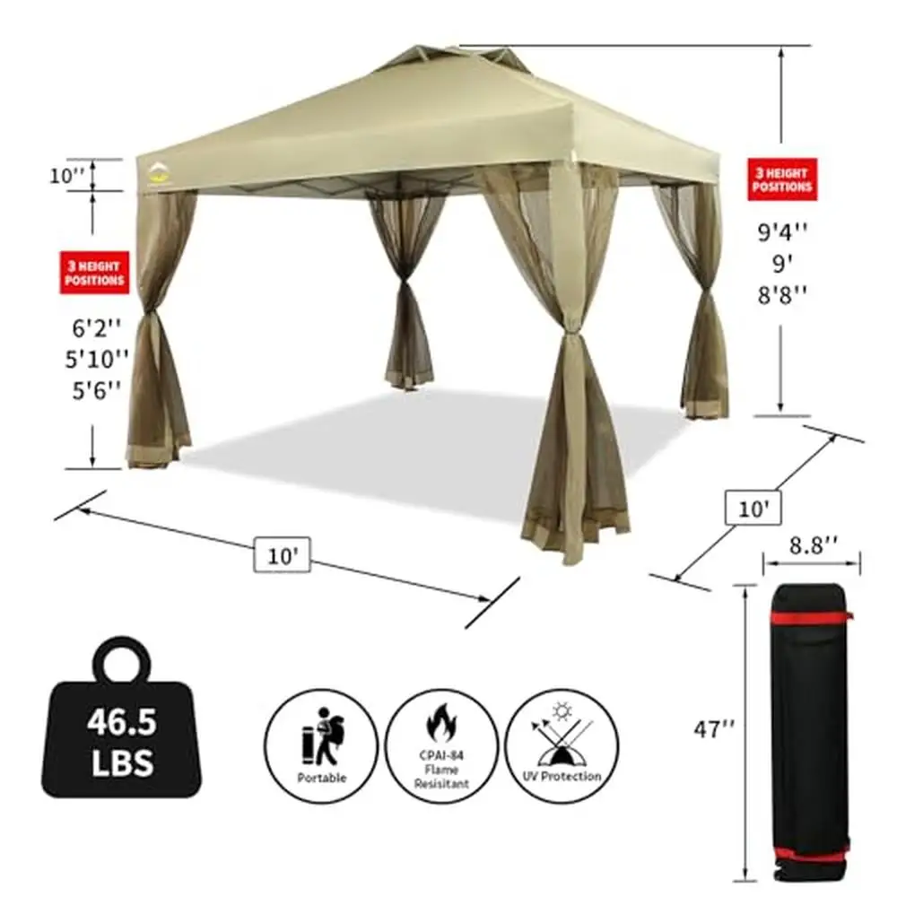 Toldo emergente con estacas de cuerdas de Nettings extraíbles, bolsas de peso y bolsa de almacenamiento, Beige, fácil configuración, gran espacio, protección UV, 10x10