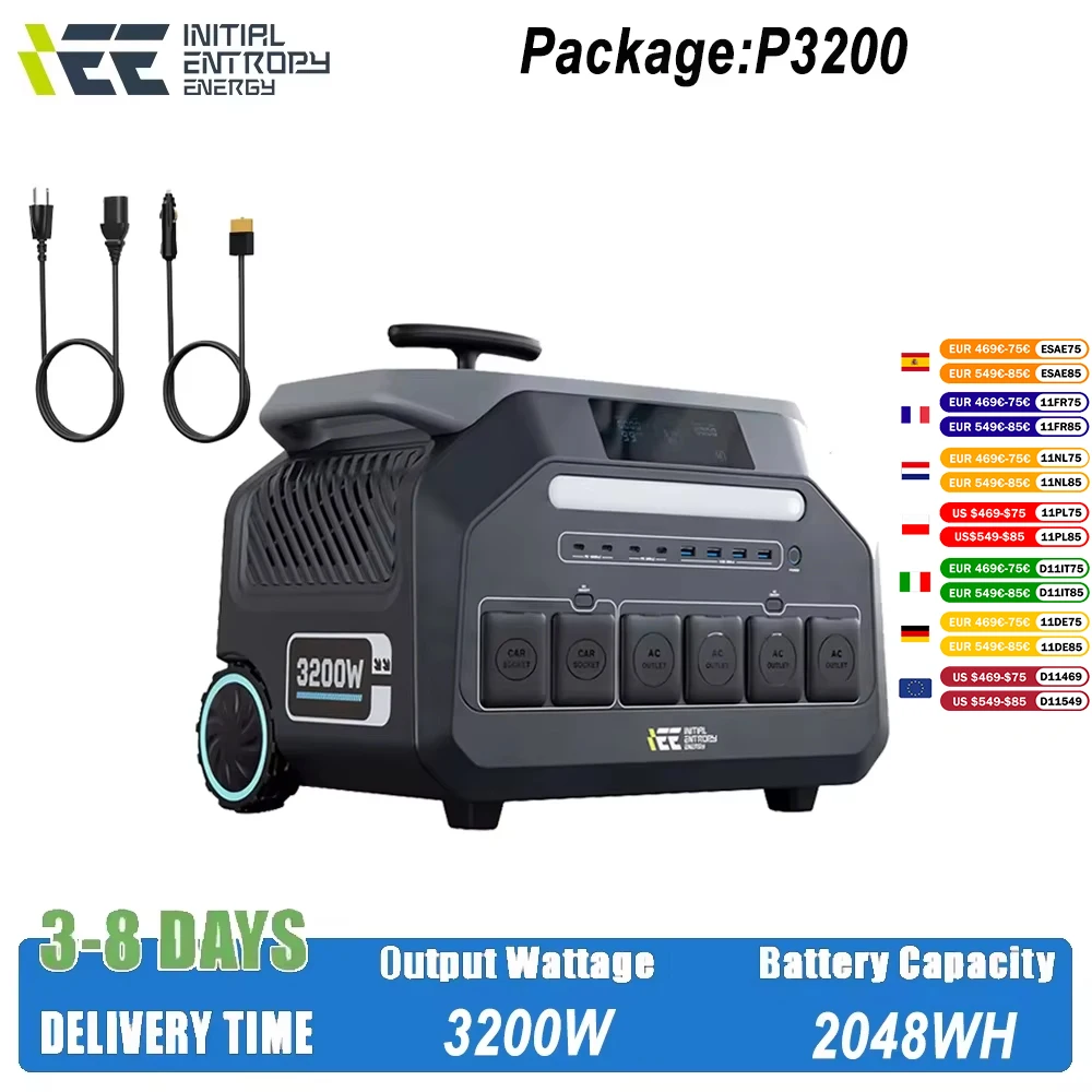 IEE P3200 3200W Portable Power Station (6400W Maximum Output) 2048Wh LiFePO4 Battery AC 220V Output Trolley for RV Camping Van
