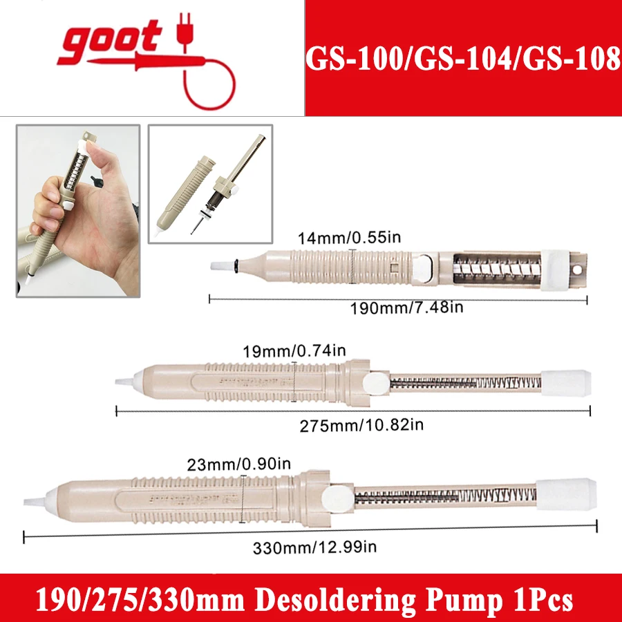 GOOT GS-100/104/108 Насос для распайки, 1 шт., 330/275/190 мм, прочный самоочищающийся вал, присоска для припоя и сварочный аксессуар GOOT GS-100/104/108 Насос для распайки, 1 шт., 330/275/190 мм, прочный самоочищающийся вал, присоска для припоя и сварочный аксессуар