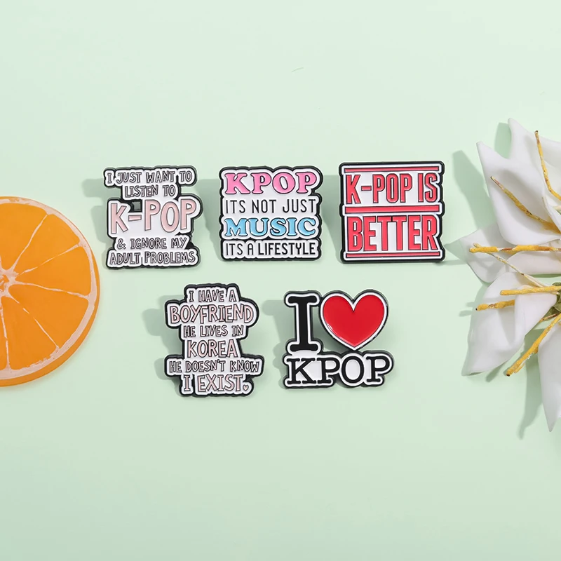 I LOVE KPOP Music Enamel Pins Cartoon Funny Phrase Brooches Lapel Badge Backpack Clothes Accessories Gift for Musicians Friends