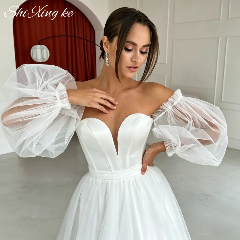 Off Shoulder Sweetheart Bridal Gown 26 Removable Puff Sleeve Lace Up Back Tulle Vestidos De Novia Customized