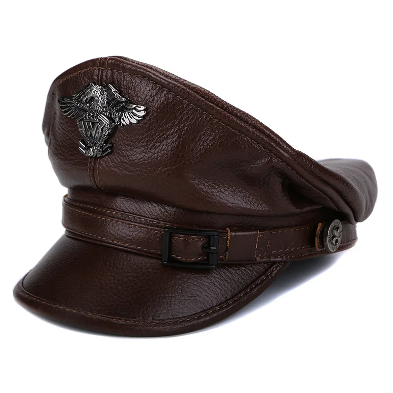 New Retro German Military Caps For Men Male Genuine Leather Flat Top Hats European American Captain Locomotive Chapeau