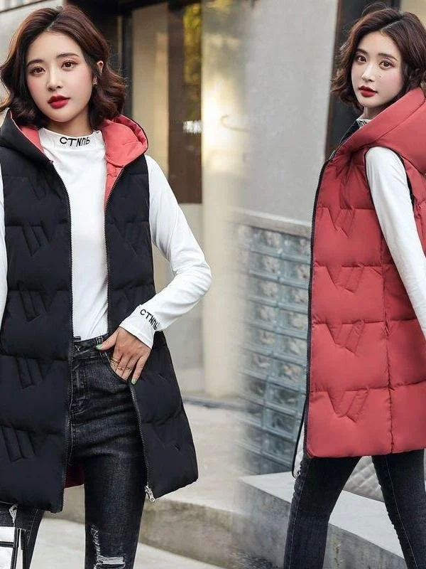 เสื้อกั๊กผ้าฝ้ายมีฮู้ดสำหรับผู้หญิง ความยาวปานกลาง 2-in-1 ให้ความอบอุ่น ฤดูใบไม้ร่วง ฤดูหนาว ดีไซน์เกาหลี ทรงเข้ารูป แฟชั่นใหม่