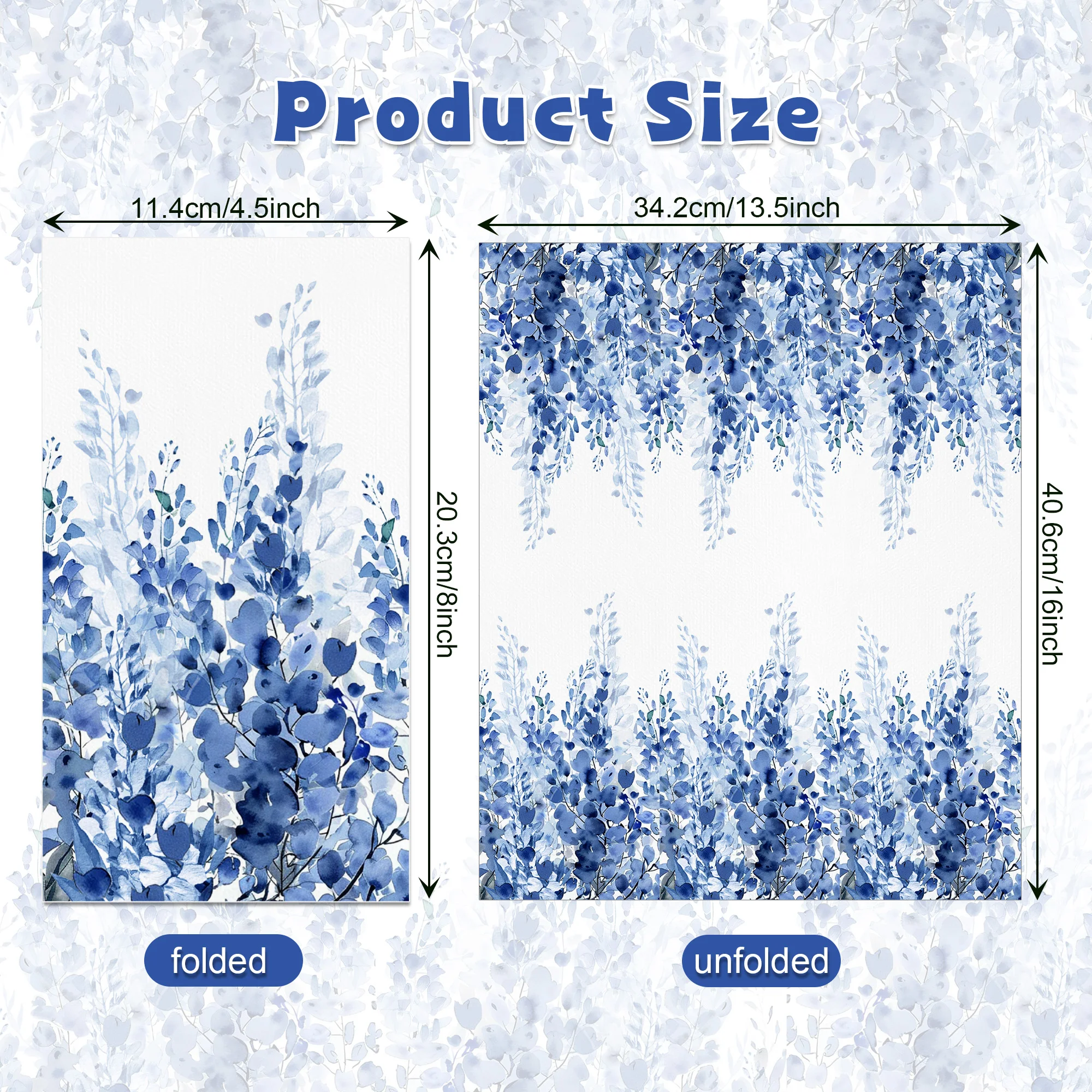 60pcs Disposable Paper Guest Towels Watercolor Blue Eucalyptus Floral Border Napkins Wedding Bridal Shower Table Decor