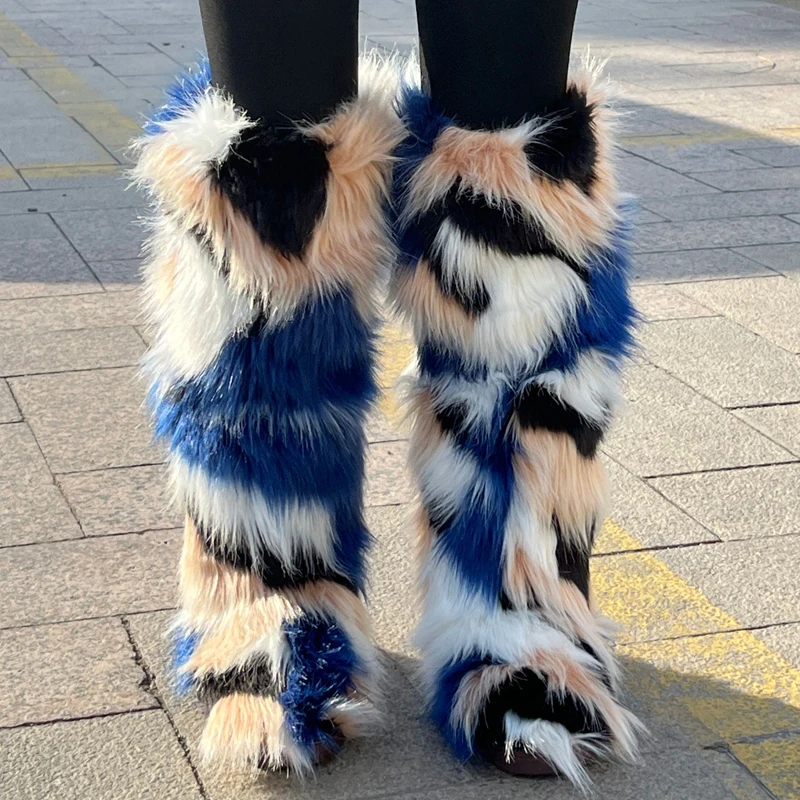 Winter Plush Knee High Boots Women Plush Imitation Fox Fur Long Warm Shoes Designer Luxury Knee-high Boots Fur Boots Girl