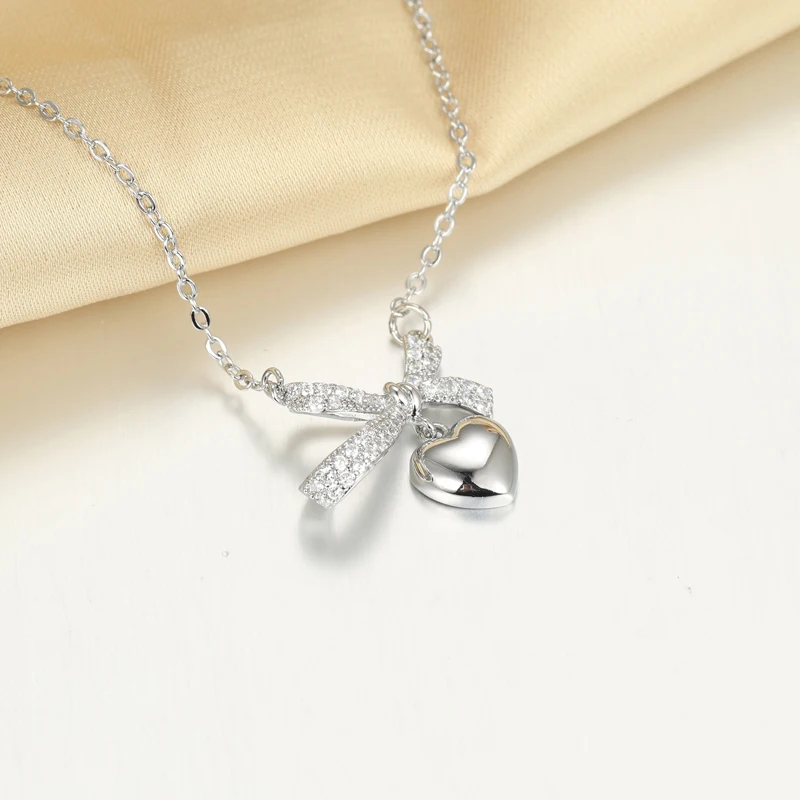 Elegant Bowknot &Heart Pendant Necklace 925 Sterling Silver Heart Sparkling Zirconia Bowknot Charms Necklace Jewelry for Women