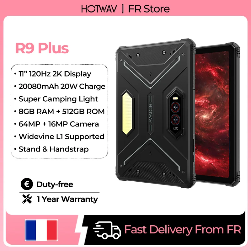 HOTWAV R9 Plus Octa-core 5G 20080mAh Robuuste Tablet met Grote Batterij 11” FHD+ 2K 20W Snelladen Android 15 Pad 64MP + 16MP Camera 8GB RAM 512GB ROM Super Campinglight Tablet PC Met Stylus Pen,