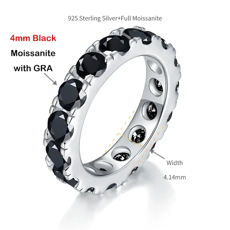 EWYA Sparkling Full 3/4/5mm D Color Black Moissanite Full Eternity Diamond Ring For Women Men S925 Silver Wedding Band Rings