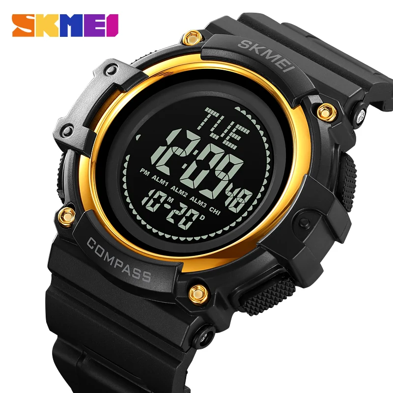 SKMEI Compass Countdown Men's Sport Watches For Men Men 50m Waterproof Back Light Digital Wristwatch World Time 3 Alarms Clock