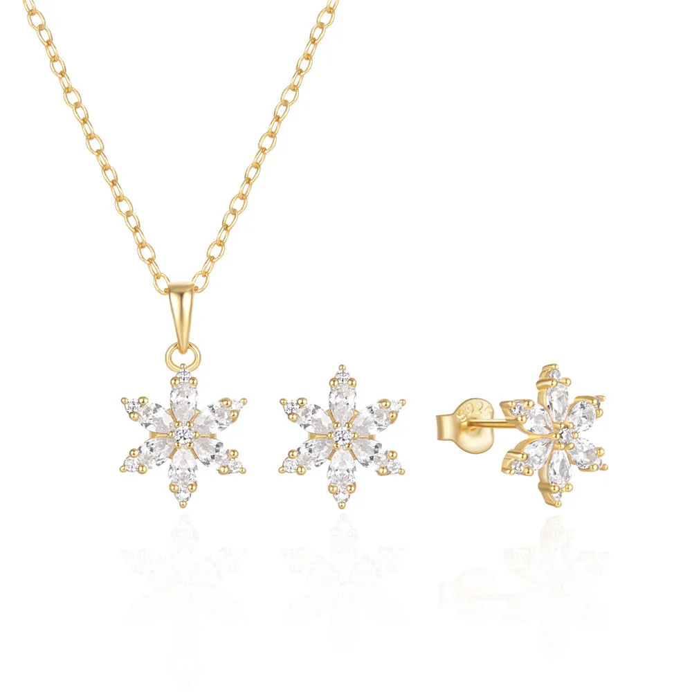 

Carline S925 Sterling Silver Custom Snowflake Christmas Zircon Fine Necklace Earrings 18k Gold Plated Jewelry Set for Women Ladi