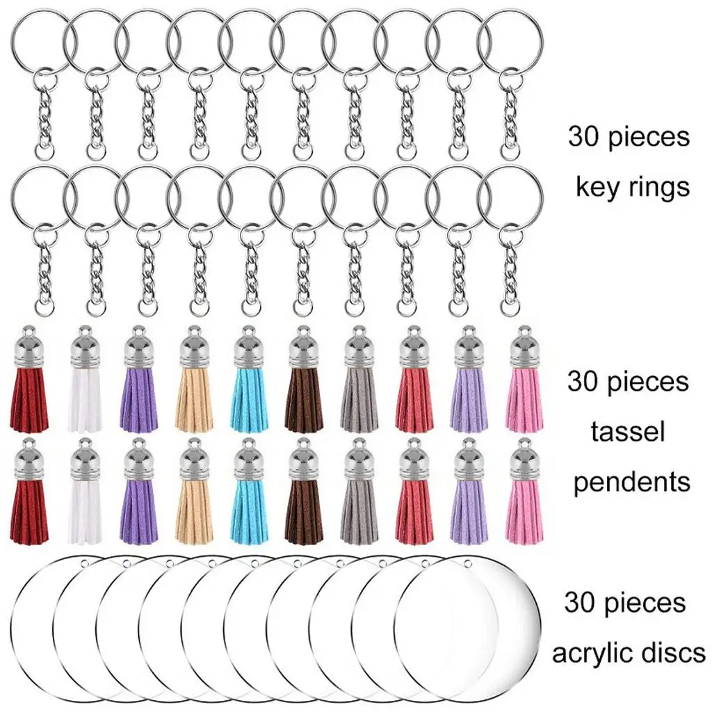 200Pack Acrylic Clear Circle Discs Keychain Set Round Acrylic Keychain Blank Leather Tassel Pendant Jump Rings for DIY