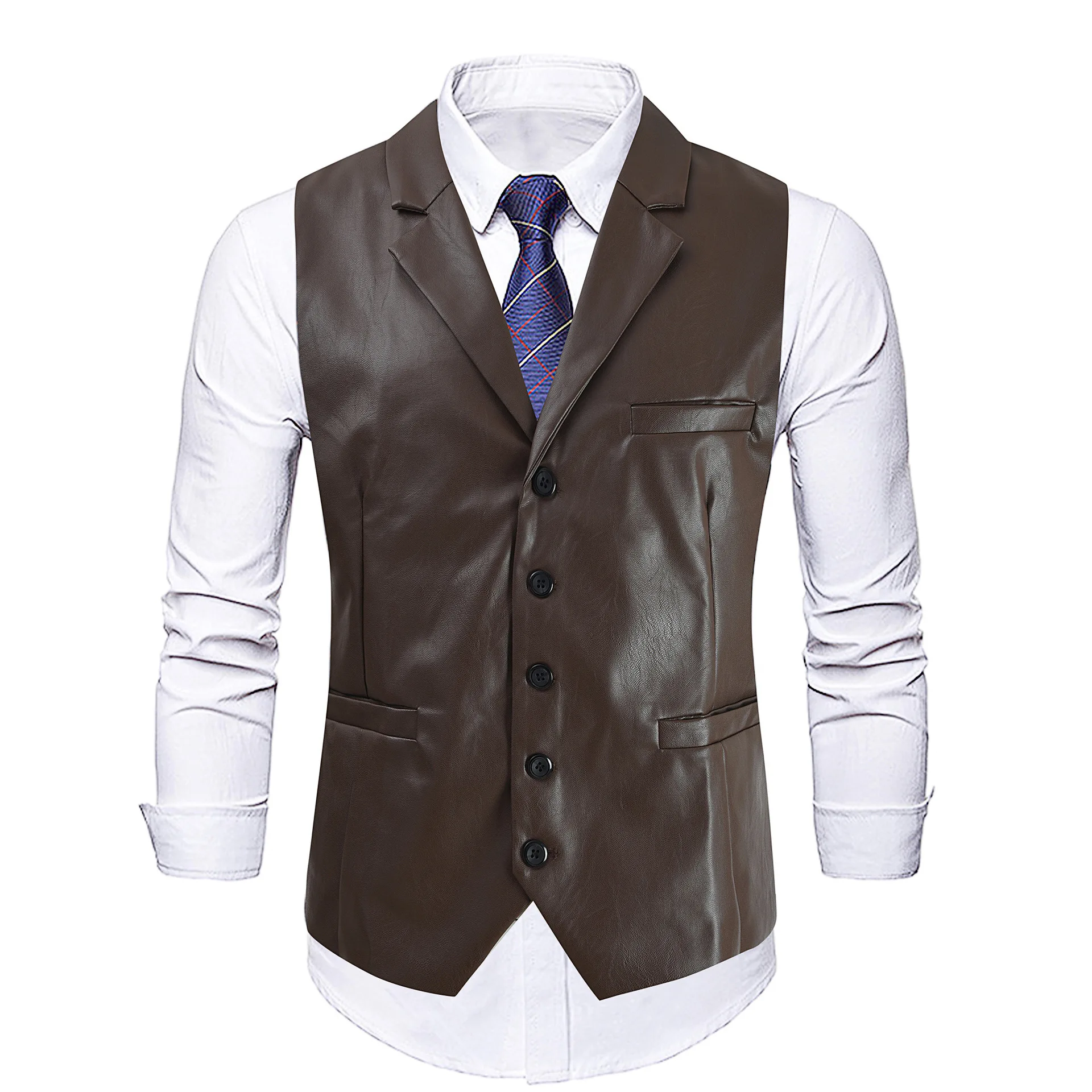 Autumn And Winter New Men's Vest V-neck Casual Solid Color Simple Slim-fit Single-breasted Leather Vest
