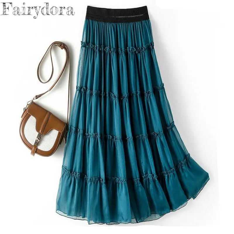 

Women's 100% Mulberry Silk Skirt, Long Skirts, Solid Flouncing Silm, Elastic Waist, A-line Ruffles, Summer