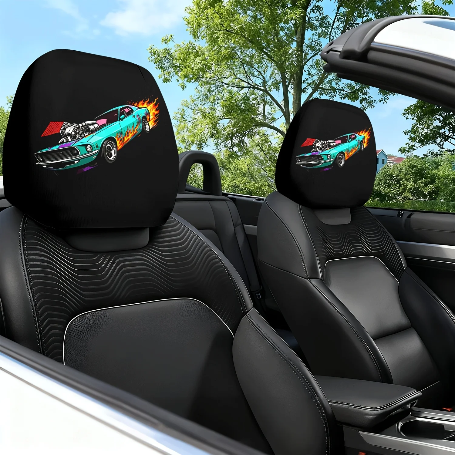2pcs Car Headrest Cover Flame Car Theme Print Car Seat Cushion Headrest Neck Pillow Cover - with Cute Design - Car Interior Cu