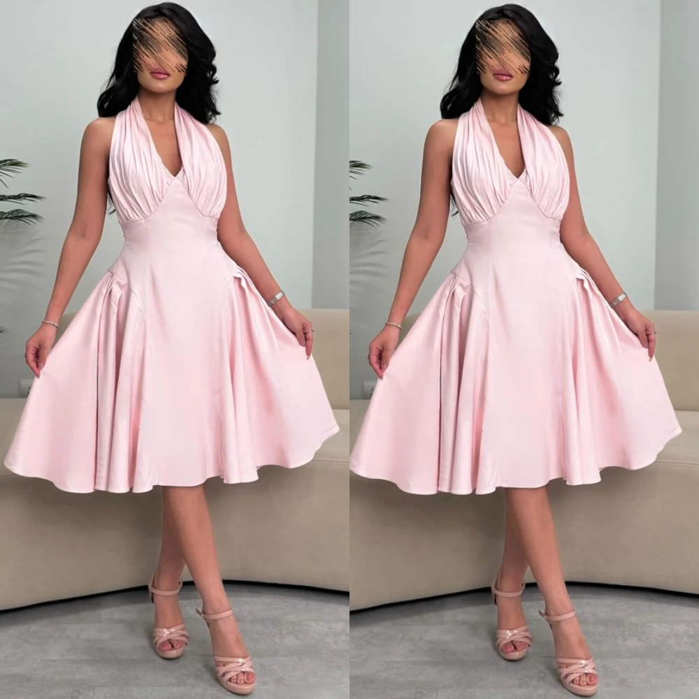 

Customized Luxury Halter Backless Evening Dress Sparkly Satin Prom Dresses High Quality Sleeveless Special Occasion Gowns