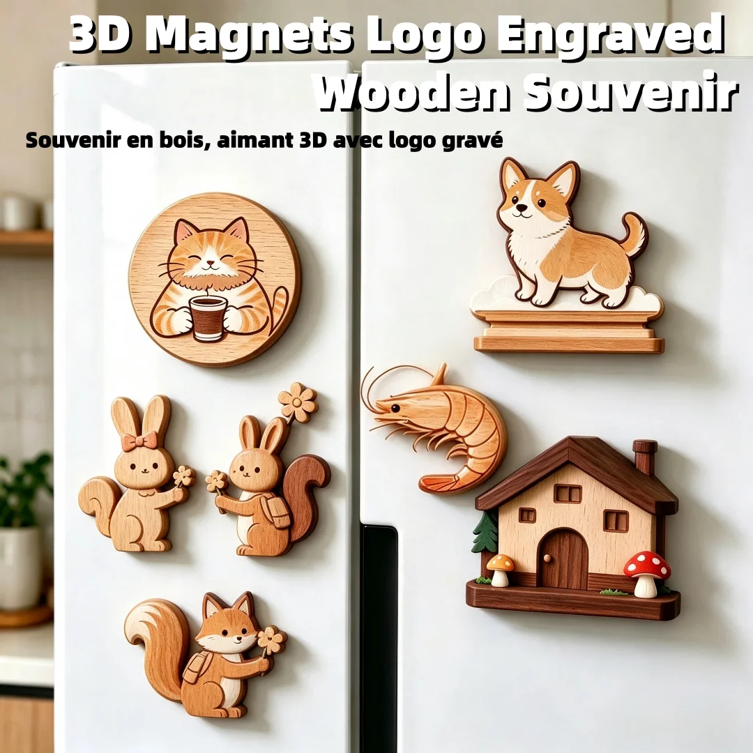 Personalized Wooden Refrigerator Magnets Laser Cut Wood Fridge Magnet Custom Logo Souvenir Refrigerator Magnet Strong Magnetic