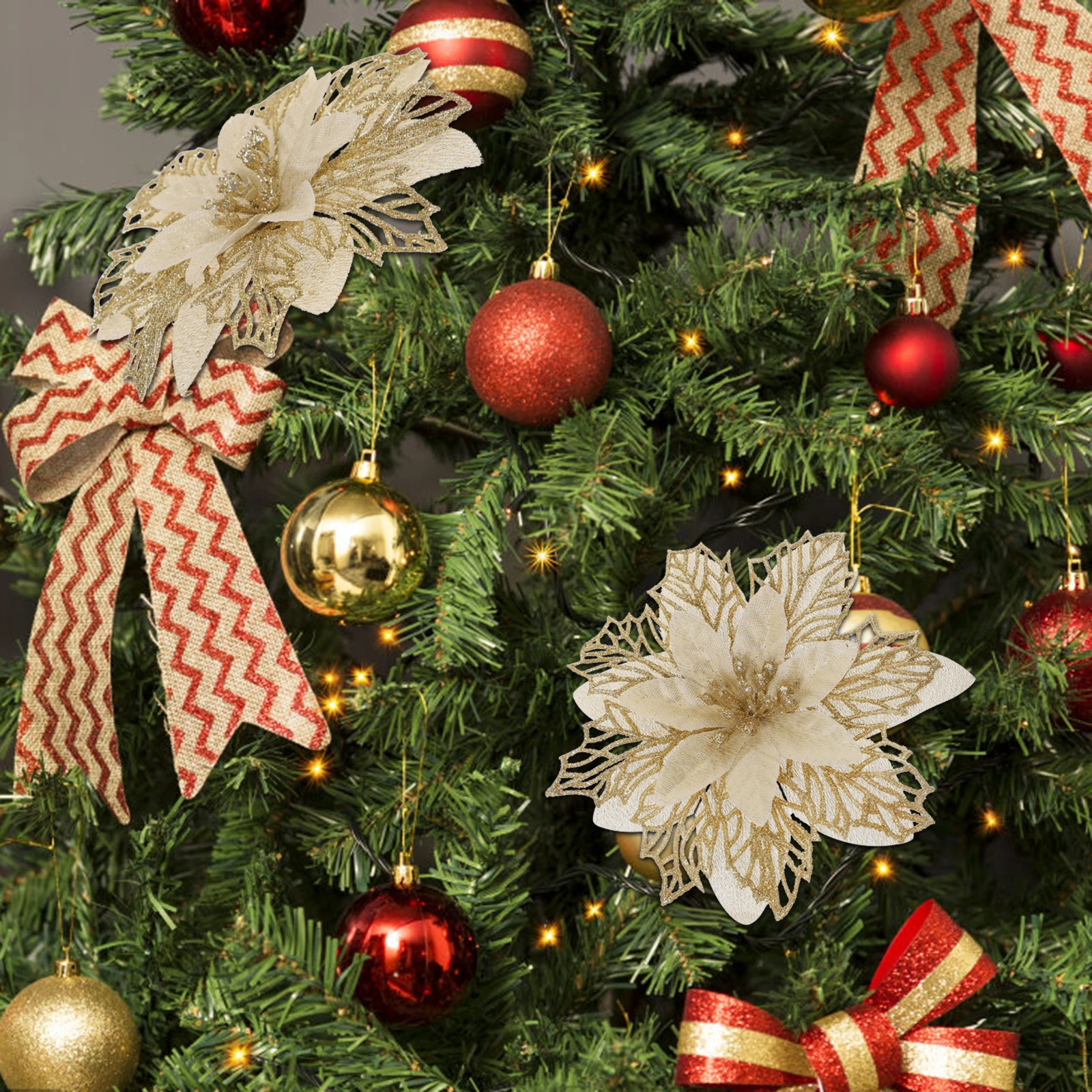 

6Pcs Christmas Tree Flowers Realistic Artificial Plastic Blooms for Wreath Rattan Mantle Xmas Decor Holiday Craft Supply