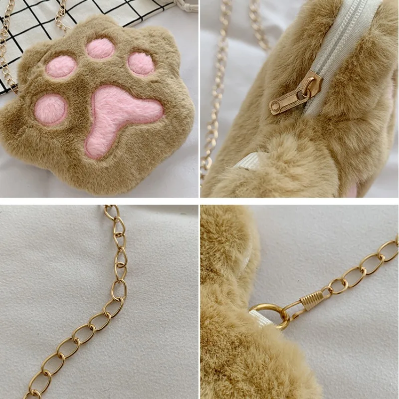 Cute Bear Paw Girls Chain Zipper Shoulder Bag Lovely Children\'s Soft Plush Cat Paw Coin Purse Baby Accessories Crossbody Bags