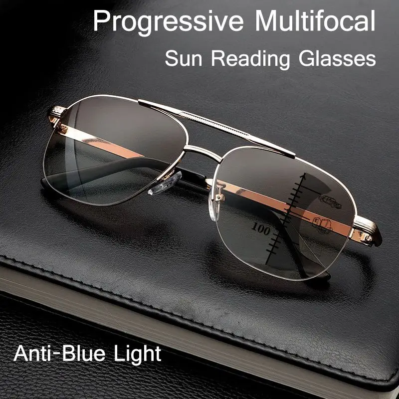 2 pcs Sun Multi-focal Progressive Reading Glasses Men Women Anti Blue Ray Presbyopic Glasses Computer Optical Far Near Eyeglass