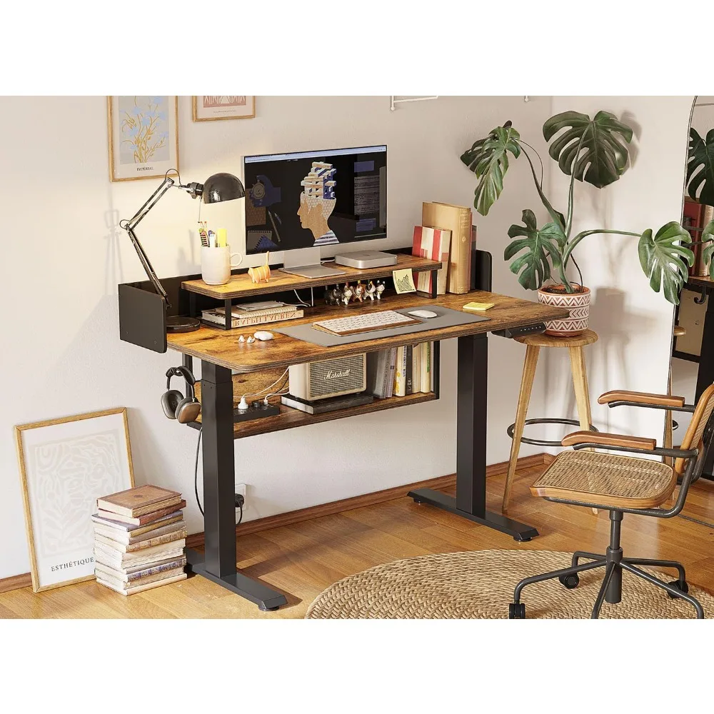 Elétrica Standing Desk com Prateleiras, Sit Stand Rising Desk, Monitor Stand e Armazenamento, Ergonômico Home Office, 55x24 polegadas