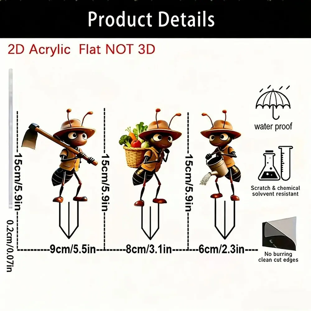 2D Flaches, 3-teiliges Ameisen-Acryl-Gartendekorationsset, wiederverwendbar – geeignet für Außendekorationen wie Terrassen, Rasenflächen und Pflanzgefäße, perfektes Geschenk – Detail 5