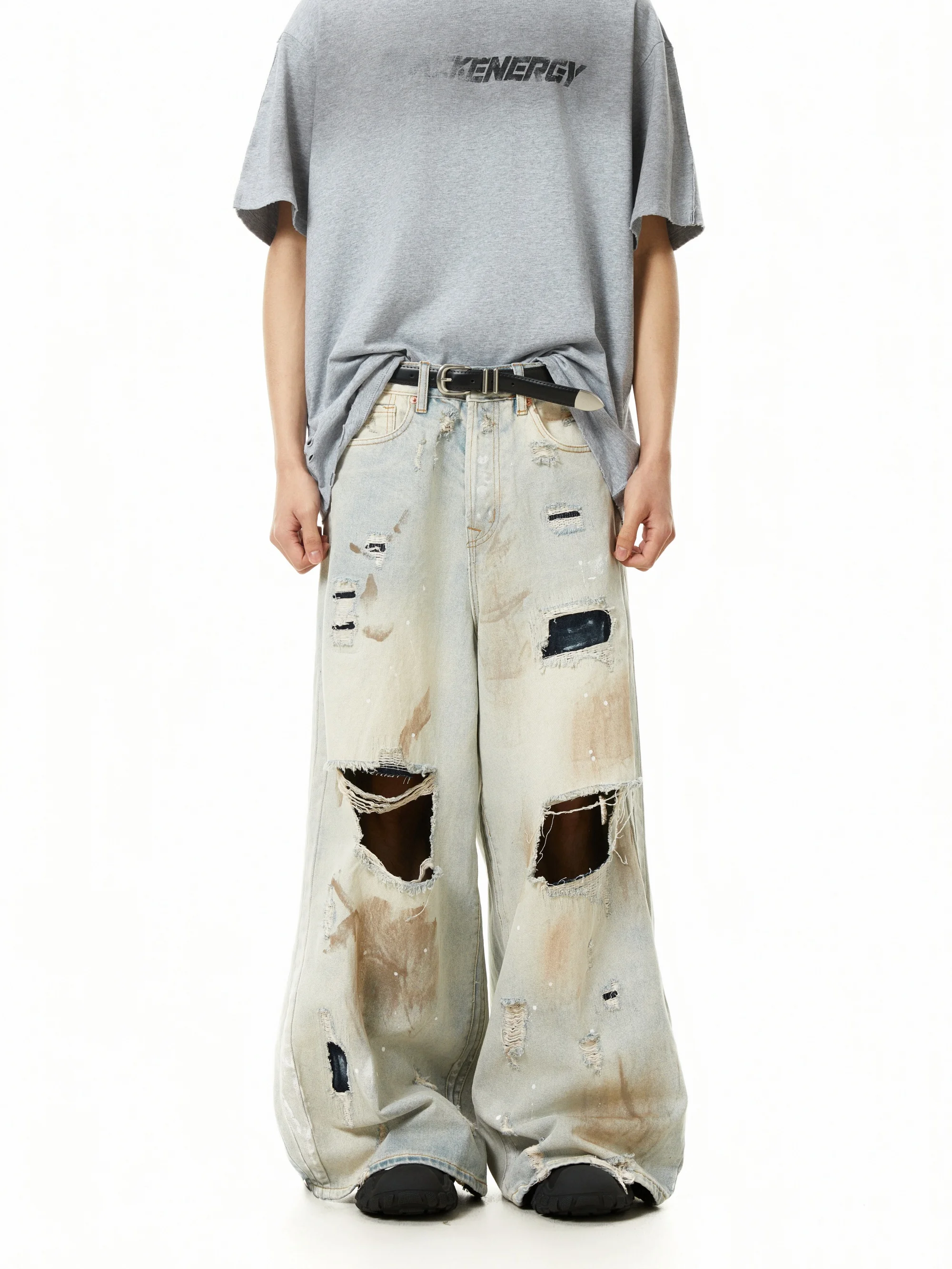 Niche Design moddergeverfde jeans met grote schade en wijde pijpen Amerikaanse retro gewassen dweilbroek