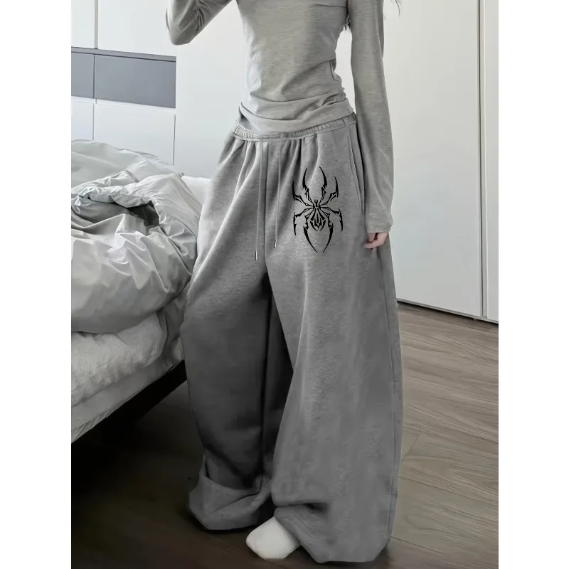 Autumn and winter women's sports pants, featuring a thorny spider thread pattern print and niche punk style, dark casual pants