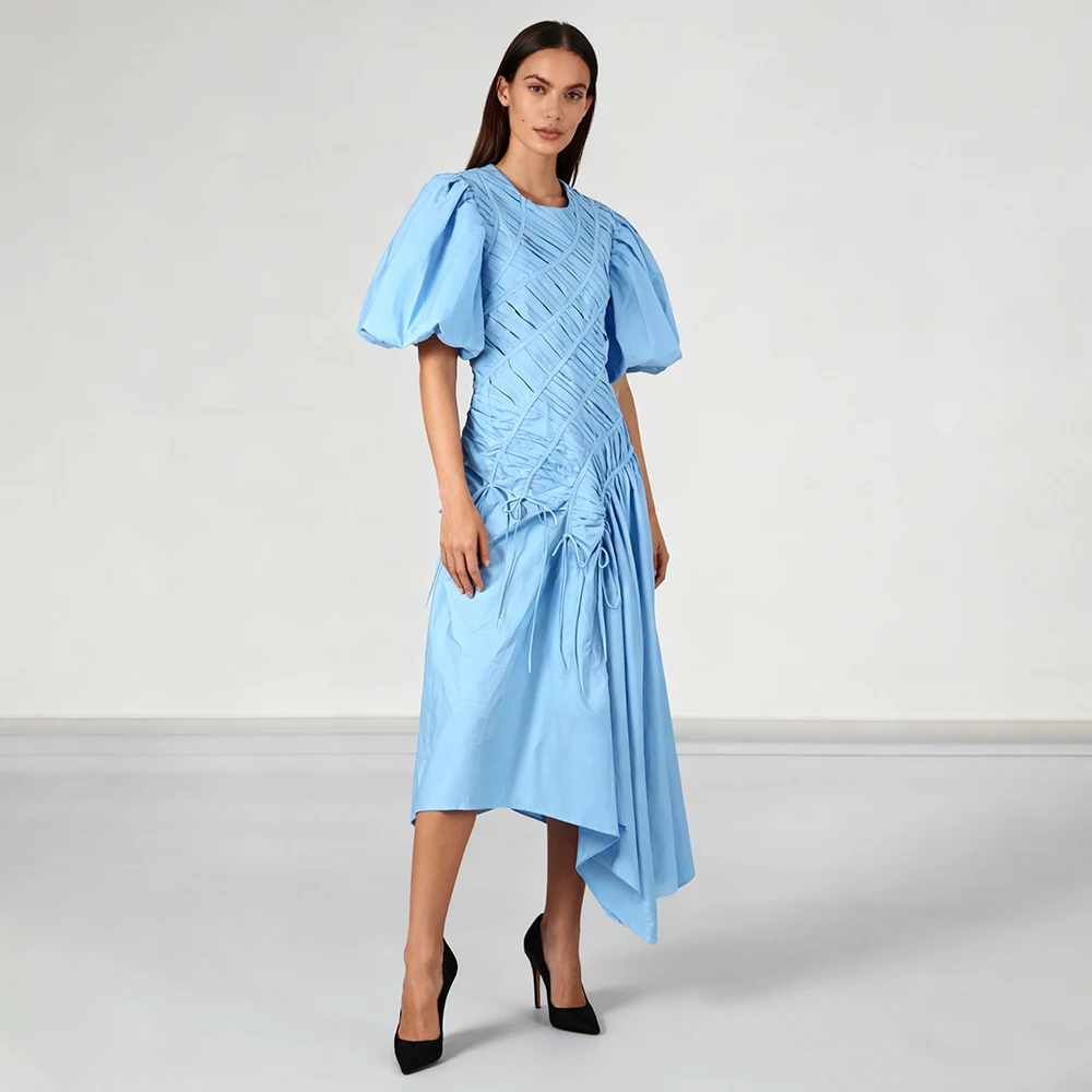 

Solid Spliced Drawstring Dress Female O Neck Puff Sleeve Slimming Irregular Women's Dresses Summer Style Fashion New