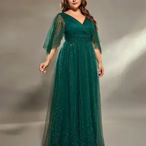 Mgiacy-V-Neck Cross Plisados Breast Dress Night, Long Sleeve, Fillet Netting, a Full Skirt, Night Dress, Party Dress, Plus Size 10 Main Sales Long Plus Size Dress - №4