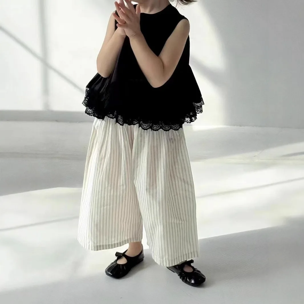 

Girls Suit 2025 Summer New Korean Fashion Solid Color Lace Sleeveless Shirt Casual Striped Pants Two Piece Set