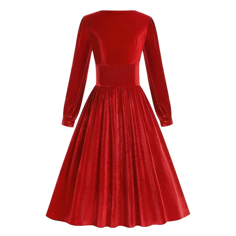 Vintage rotes Samt-Abendkleid 2025, neues Damen-elegantes Kleid mit quadratischem Ausschnitt, hohe Taille, lange Ärmel, Abendkleid, schmale Passform, Vestido