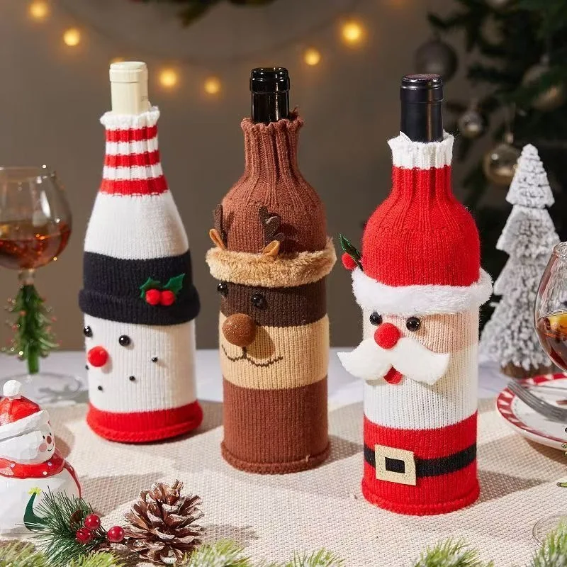 Christmas Wine Bottle Cover Set Santa Snowman Woven Wine Bottle Bags for Christmas Party Dinner Table Decorations New Year Gifts