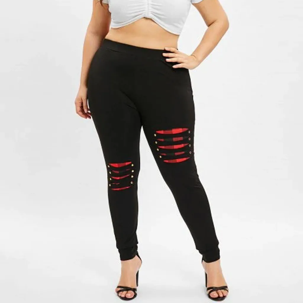 

Elastic Plus Women Beading Ripped Pants Size Plaid Casual Panel Leggings Waist Plus Size Pants Leggings Hip Lifting Women's Pant