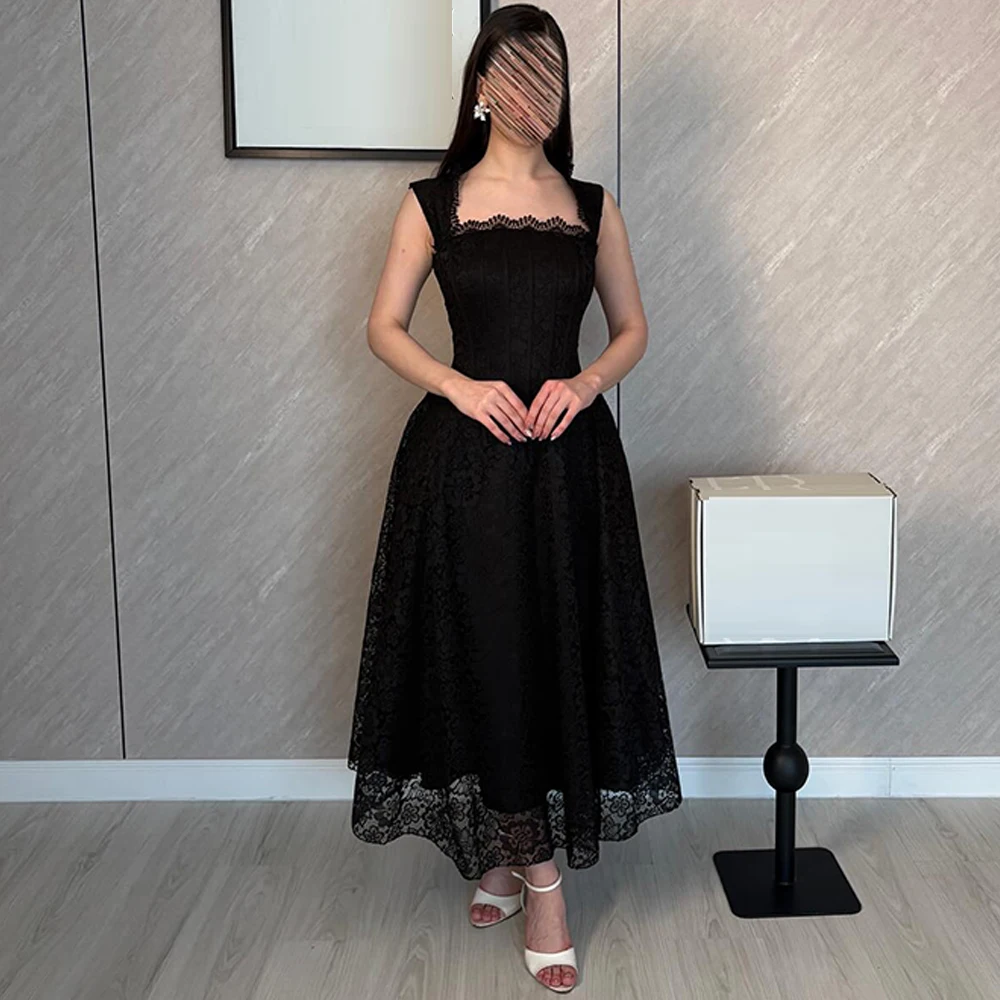 

Soft Black Lace Evening Dress Graceful Flowers Backless Sleeveless Prom Dresses Modern Square Collar Customized Celebrity Gowns