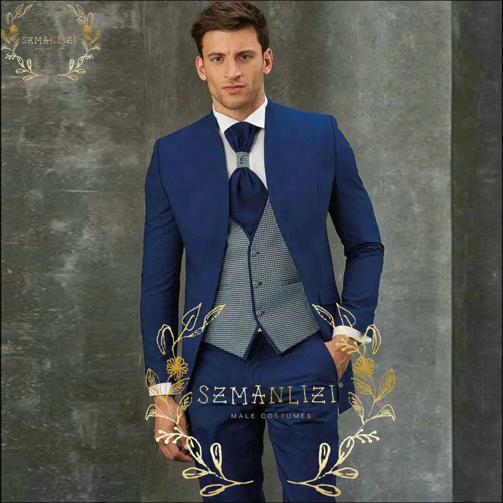 

SZMANLIZI 2024 Tailor-Made Costume Homme Navy Blue Stand Collar Men Suits Tuxedo Groom Wear 3 Pieces Party Wedding Suits For Men