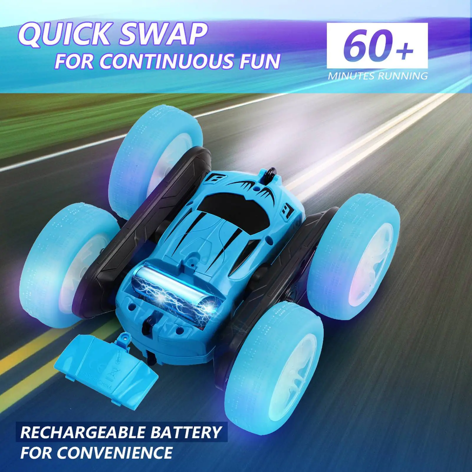 2.4G Double Sided RC Stunt Car 360 Degree Flip Rotating Remote Control Car with Light 2 Rechargeable Batteries Blue