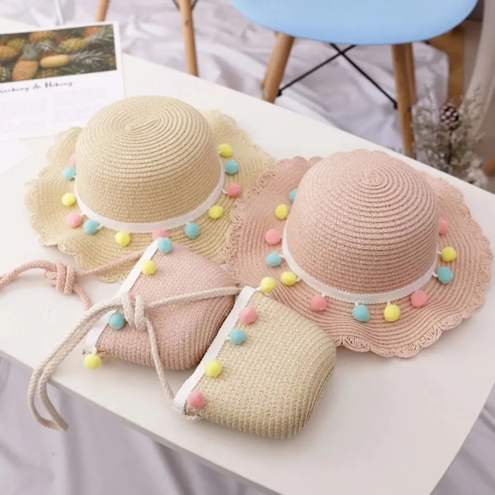 

Girls Portable Sun Protection Summer Hat Floppy Pompom Ball Straw Woven Beach Hat Handbag Bucket Cap