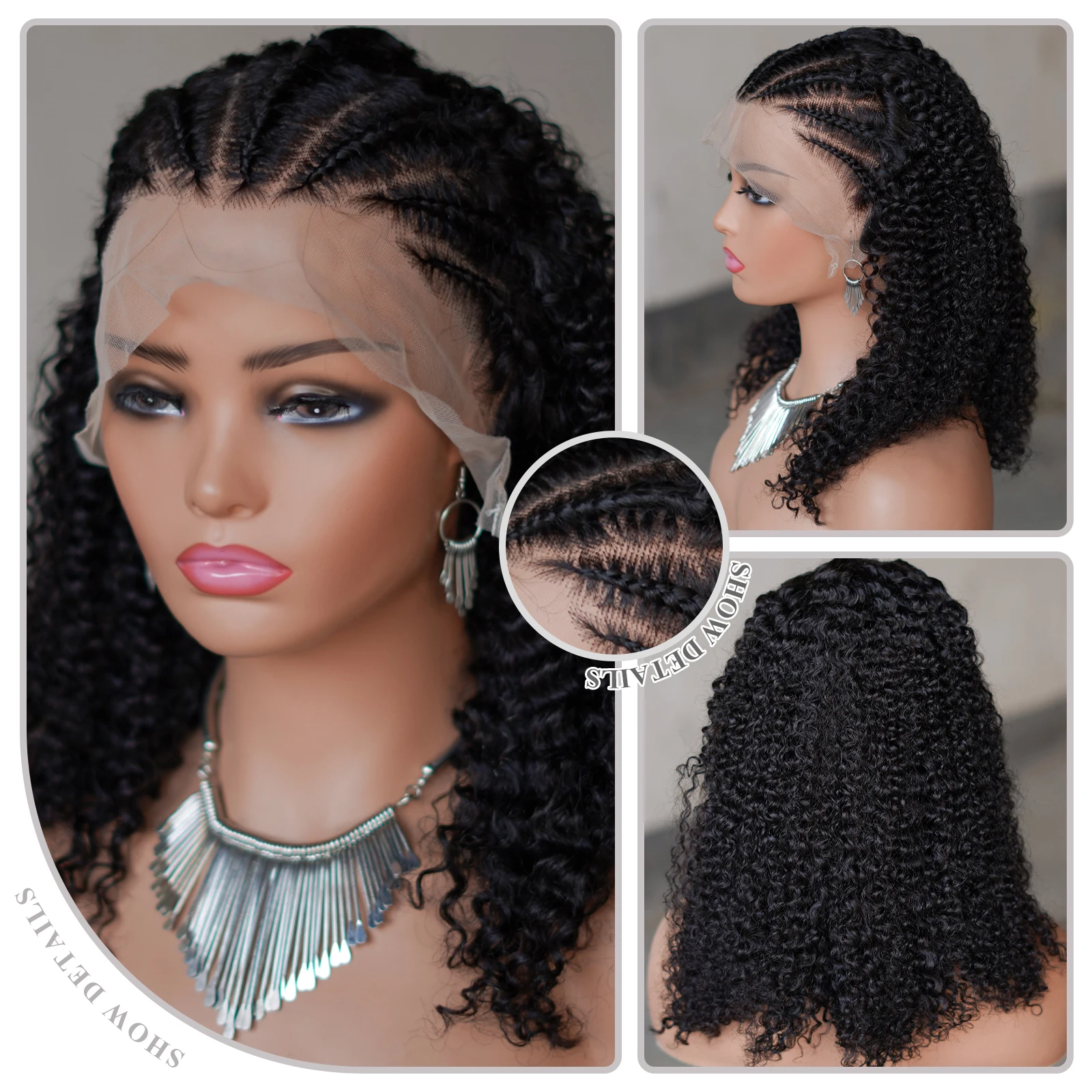 HD Transparent Lace Braided Wigs Remy Human Hair 16inches Black Kinky Curly Human Hair for Afro Women Curly Braiding Human Hair