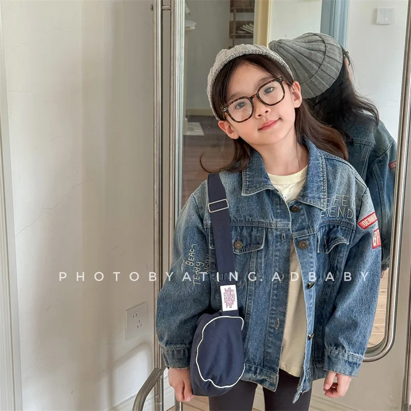 2025 Autumn New Children Denim Embroidery Coat Baby Girls Versatile Casual Cardigan Boys Lapel Letter Jacket Kids Clothes