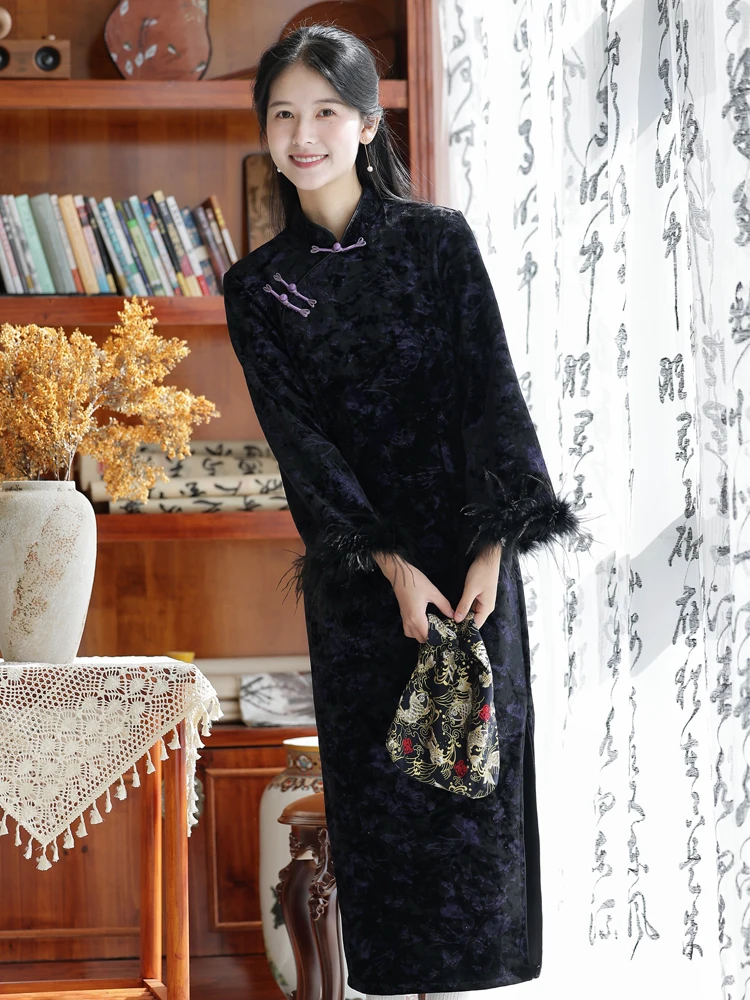 

Элегантное вечернее платье из бархата с длинными рукавами и пышными рукавами-фонариками для женщин