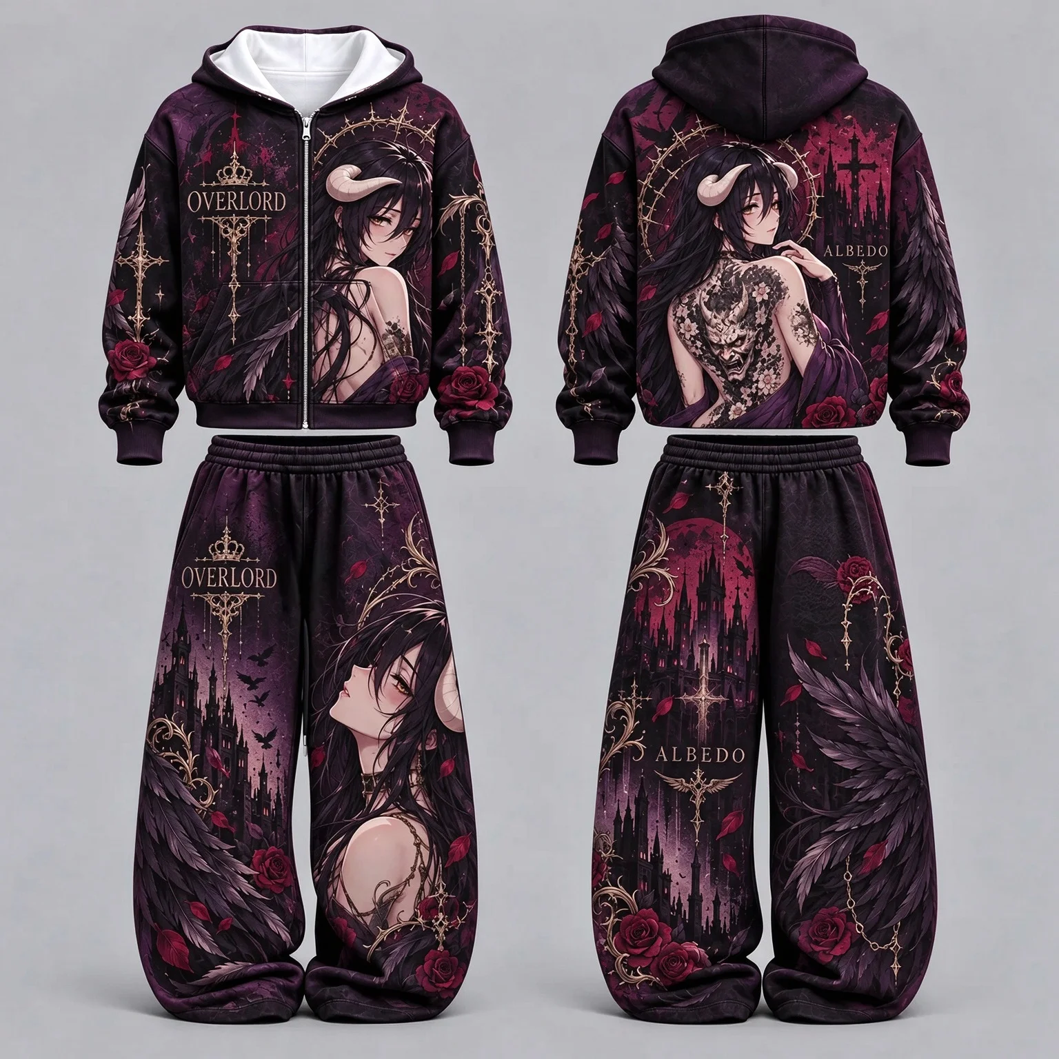 Anime Overlord Albedo Zipper Hoodie Wide Leg Pants Set Men Women Autumn Winter Oversize Hoodie Set Family Matching Clothing
