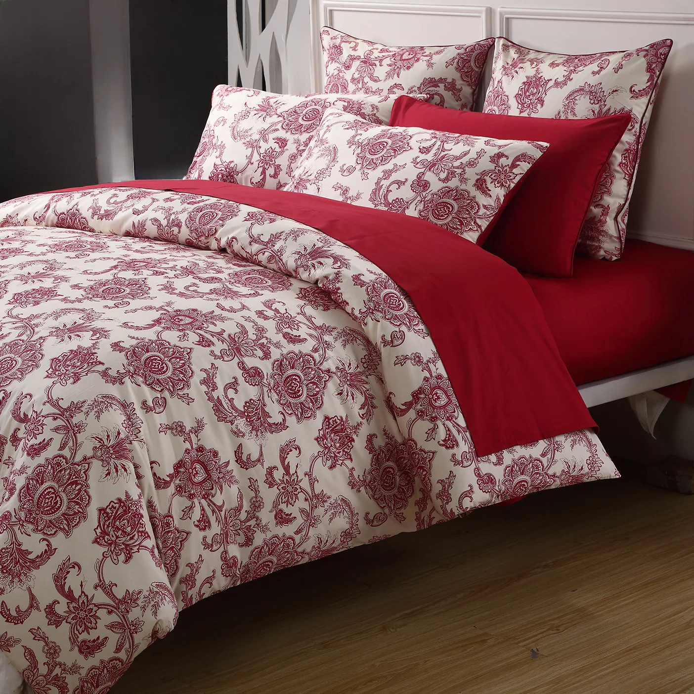 3pcs 600TC 100% Egyptian Cotton Duvet Cover Set, Vintage Red Floral Moire, Soft Breathable Skin-Friendly Bedding (No Inserts)
